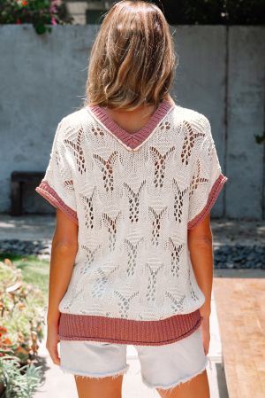 Embroidered Flowers Colorblock Edge Hollowed Sweater