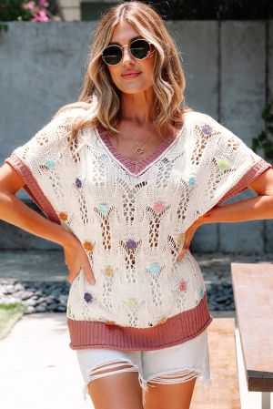 Embroidered Flowers Colorblock Edge Hollowed Sweater
