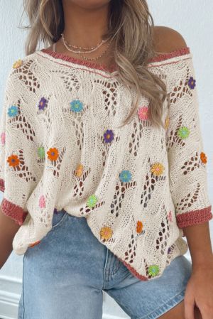 Embroidered Flowers Colorblock Edge Hollowed Sweater