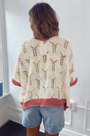 Embroidered Flowers Colorblock Edge Hollowed Sweater