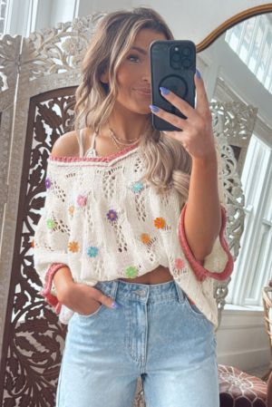Embroidered Flowers Colorblock Edge Hollowed Sweater