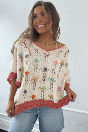Embroidered Flowers Colorblock Edge Hollowed Sweater