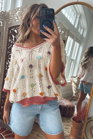 Embroidered Flowers Colorblock Edge Hollowed Sweater