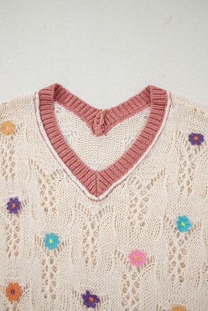 Embroidered Flowers Colorblock Edge Hollowed Sweater