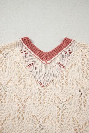 Embroidered Flowers Colorblock Edge Hollowed Sweater