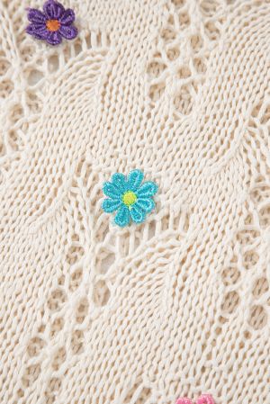 Embroidered Flowers Colorblock Edge Hollowed Sweater