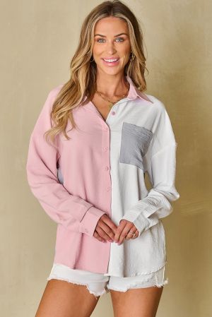 Dusty Pink Color Block/Pure Color Patch Pocket Shirt