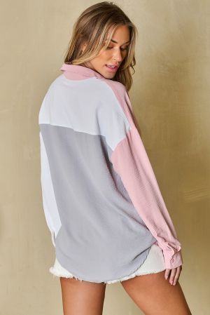 Dusty Pink Color Block/Pure Color Patch Pocket Shirt