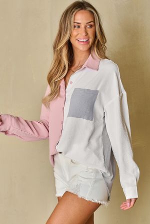 Dusty Pink Color Block/Pure Color Patch Pocket Shirt