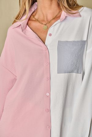 Dusty Pink Color Block/Pure Color Patch Pocket Shirt