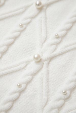 White Pearled High Neck Textured Knit Sweater Vest