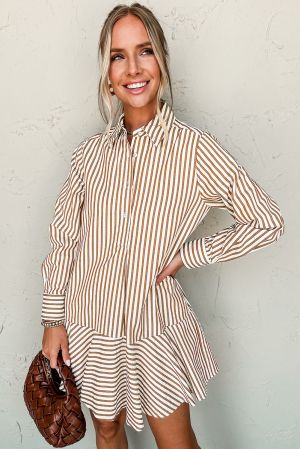 Brown Stripe Ruffled Hem Collared Long Sleeve Shirt Mini Dress