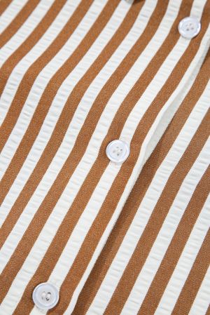 Brown Stripe Ruffled Hem Collared Long Sleeve Shirt Mini Dress