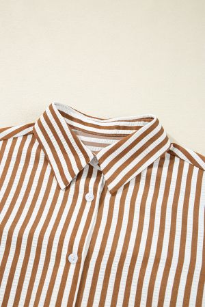 Brown Stripe Ruffled Hem Collared Long Sleeve Shirt Mini Dress