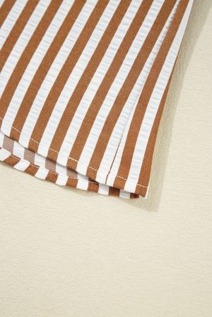 Brown Stripe Ruffled Hem Collared Long Sleeve Shirt Mini Dress