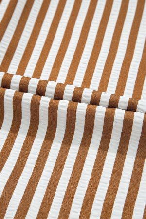 Brown Stripe Ruffled Hem Collared Long Sleeve Shirt Mini Dress