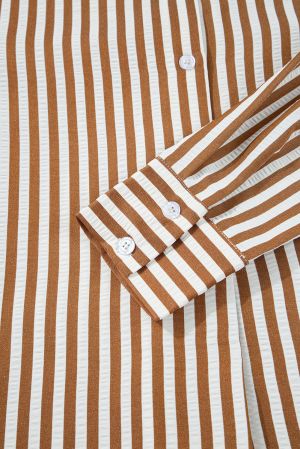Brown Stripe Ruffled Hem Collared Long Sleeve Shirt Mini Dress