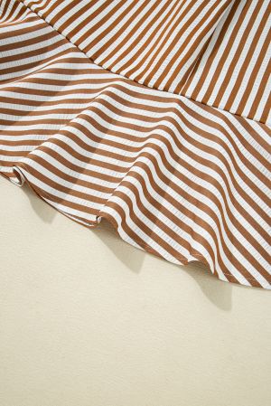 Brown Stripe Ruffled Hem Collared Long Sleeve Shirt Mini Dress