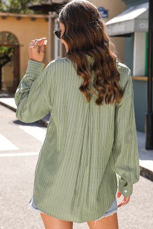 Green Stripe Button Up Oversized Casual Shirt