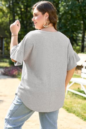 Contrast Floral Guipure Lace Lantern Sleeve U Neck Plus Size Blouse