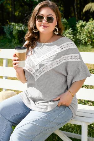Contrast Floral Guipure Lace Lantern Sleeve U Neck Plus Size Blouse