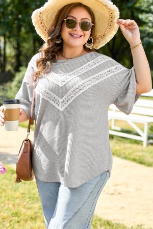 Contrast Floral Guipure Lace Lantern Sleeve U Neck Plus Size Blouse