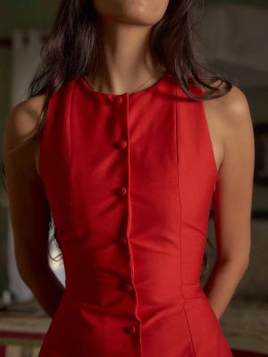 Sleeveless Red Mini Dress with Button-Front Detail