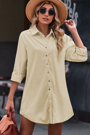 Beige Shirt-Style Dress with Long Sleeves and Buttons