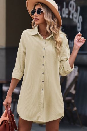 Beige Shirt-Style Dress with Long Sleeves and Buttons