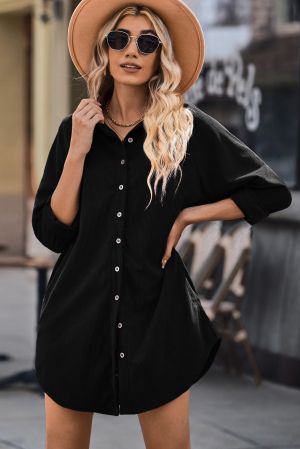 Black Shirt-Style Dress with Long Sleeves and Buttons