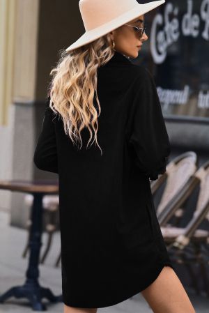 Black Shirt-Style Dress with Long Sleeves and Buttons