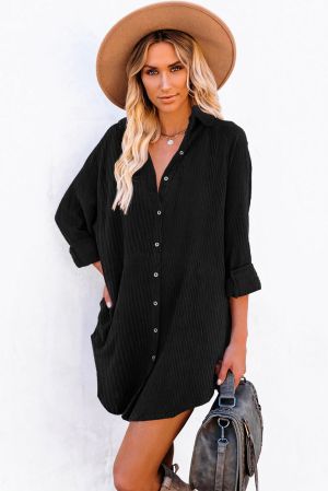 Black Shirt-Style Dress with Long Sleeves and Buttons