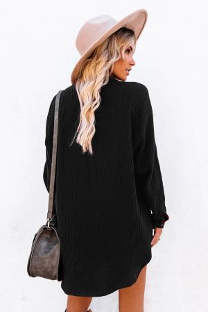 Black Shirt-Style Dress with Long Sleeves and Buttons
