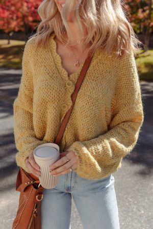 Light French Beige Lantern Sleeve Scallop V Neck Buttoned Front Cardigan