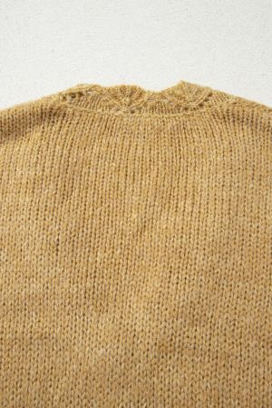 Light French Beige Lantern Sleeve Scallop V Neck Buttoned Front Cardigan