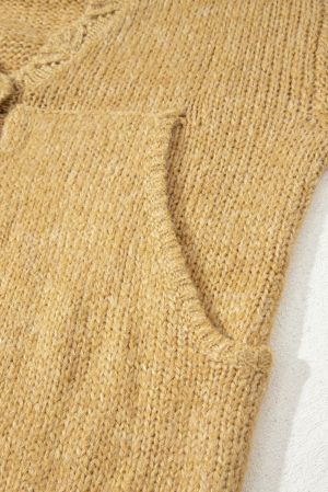 Light French Beige Lantern Sleeve Scallop V Neck Buttoned Front Cardigan
