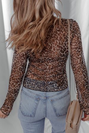 Women's Leopard Tie Front Long Sleeve Top