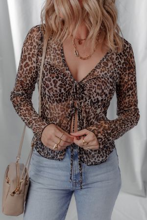 Women's Leopard Tie Front Long Sleeve Top