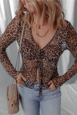 Women's Leopard Tie Front Long Sleeve Top