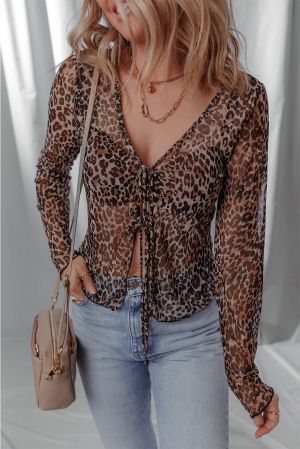 Women's Leopard Tie Front Long Sleeve Top