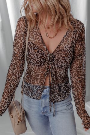 Women's Leopard Tie Front Long Sleeve Top