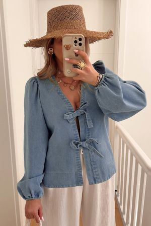 Denim Blouse with Tie Front and Relaxed Fit