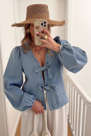 Denim Blouse with Tie Front and Relaxed Fit