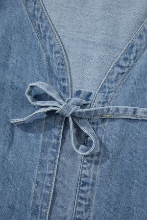 Denim Blouse with Tie Front and Relaxed Fit