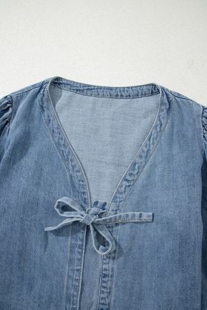 Denim Blouse with Tie Front and Relaxed Fit