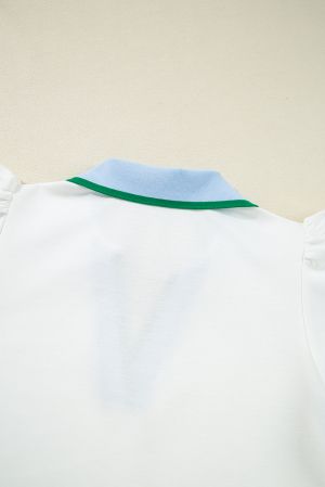 White Color Contrast Ruffled Sleeve Collared V Neck Blouse