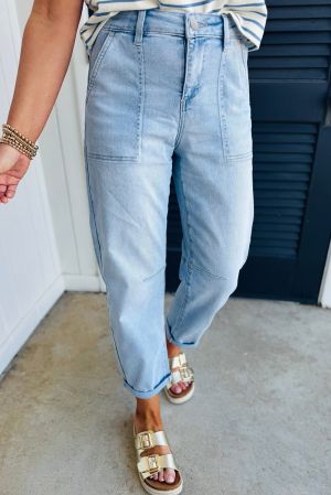 Beau Blue High Rise Barrel Relaxed Patch Pocket Jeans