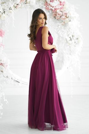 Long Deep Berry Dress with Decorative Rose Belt and Airy Skirt