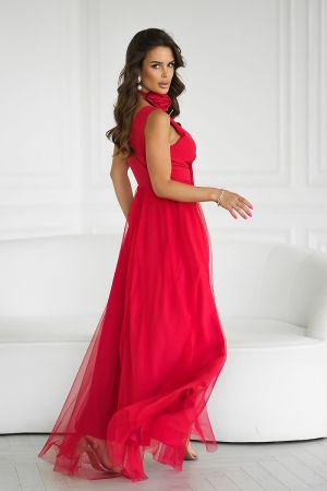 Long Red Dress with Decorative Rose Belt and Airy Skirt