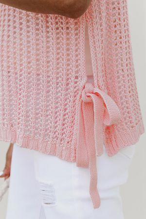 Pink Hollow-out Crochet Side Tied Short Sleeve Sweater